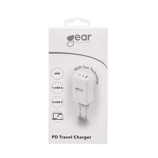 Gear Laddare GAN 220V 2xUSB-C + 1xUSB-A PD 45W + 18W + 3A (totalt 65W) Vit
