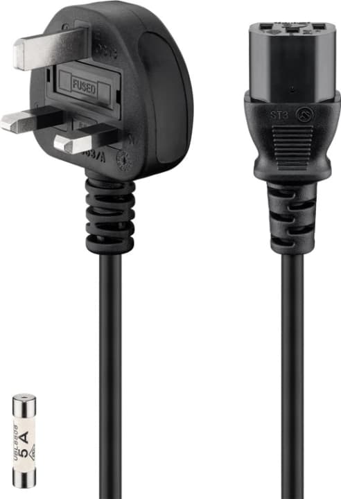 Goobay Kabel for britiske kalde apparater, 1,5 m, svart Britisk 3-polet plugg (type G, BS 1363) &gt; apparatkontakt C13 (IEC-plugg)