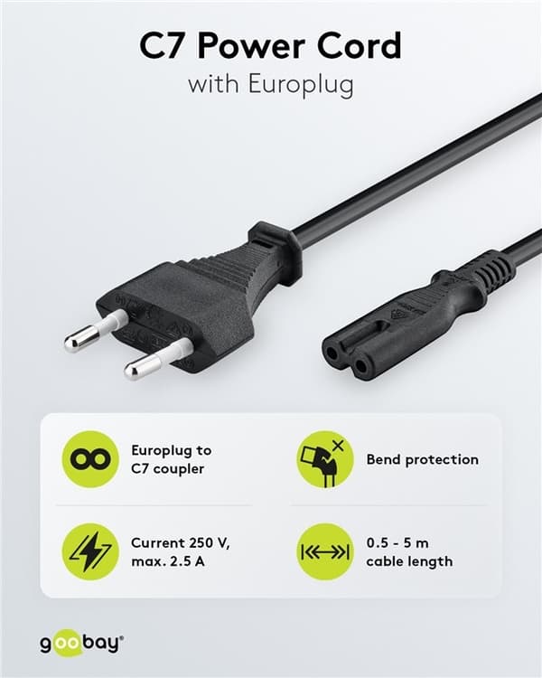 Goobay Tilkoblingskabel Euro-plugg, 5 m, svart Euro-plugg (type C, CEE 7/16) &gt; apparatkontakt C7