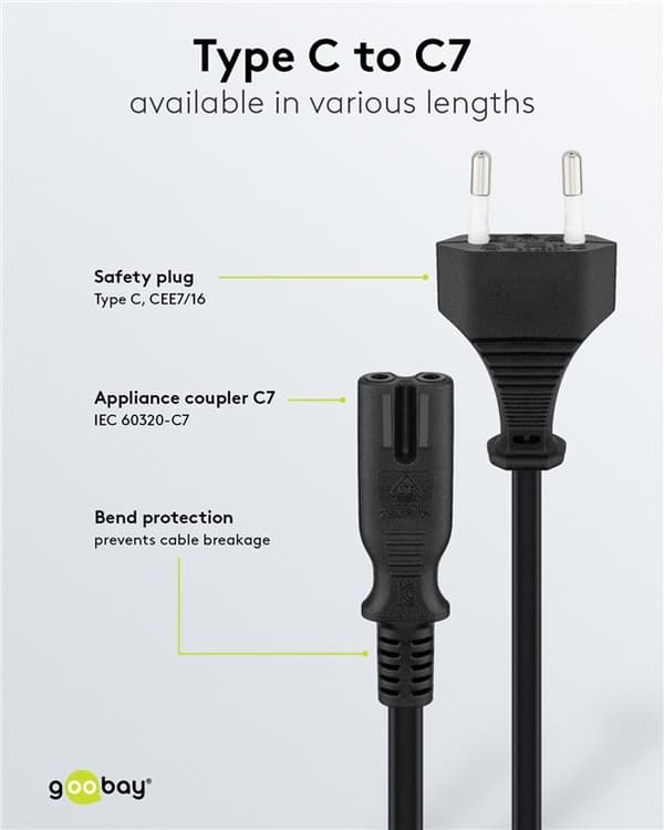 Goobay Tilkoblingskabel Euro-plugg, 5 m, svart Euro-plugg (type C, CEE 7/16) &gt; apparatkontakt C7