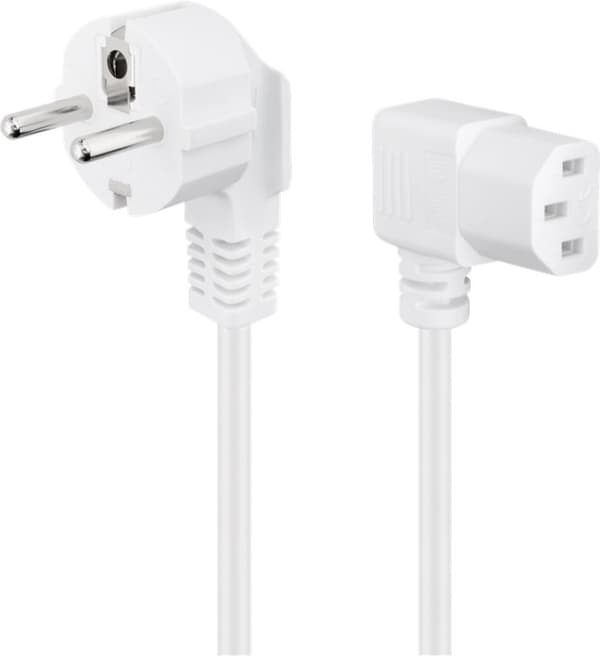 Goobay Vinkelkontaktkabel for kaldt apparat på begge sider, 2 m, hvit Jordingsstift (type F, CEE 7/7) &gt; Stikkontakt C13 (tilkobling kaldt apparat)