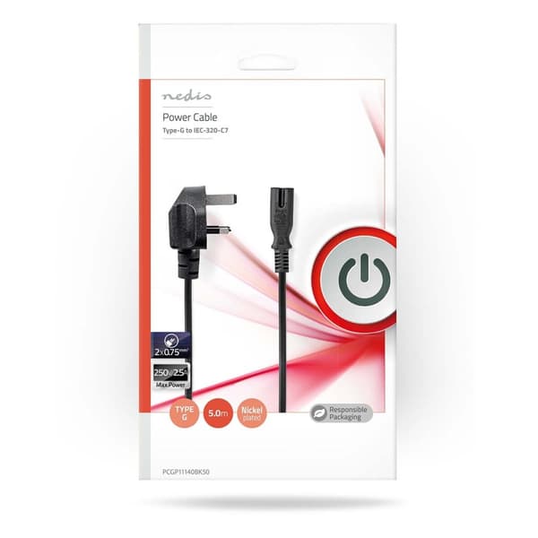 Nedis UK Strømkabel | UK Han | IEC-320-C7 | 5.00 m | Ja | 2 x 0.75 mm² | Kobber | Runde | Nikkelplateret | UK | PVC | Stik: UK / Type G | 250 V AC | 3
