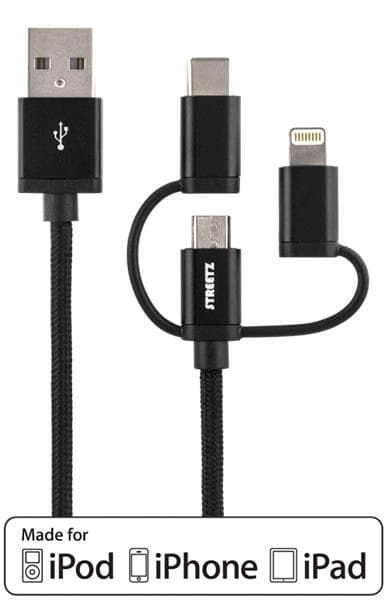 Synk- laddkabel USB A-> Lightning, Typ C, Micro B, 1m svart