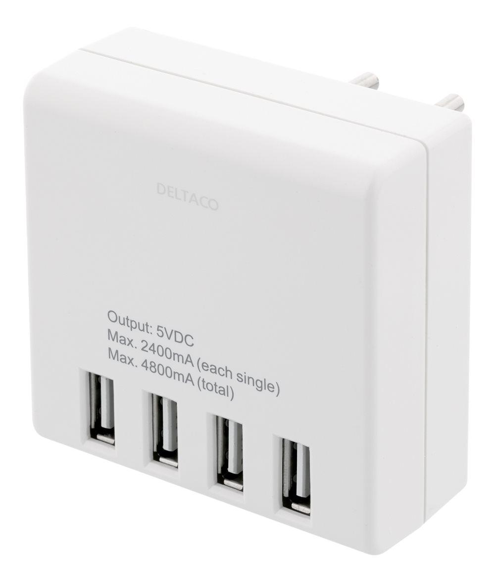 DELTACO Väggladdare, 230V till 5V USB, 4,8A, 4xUSB-portar, vit