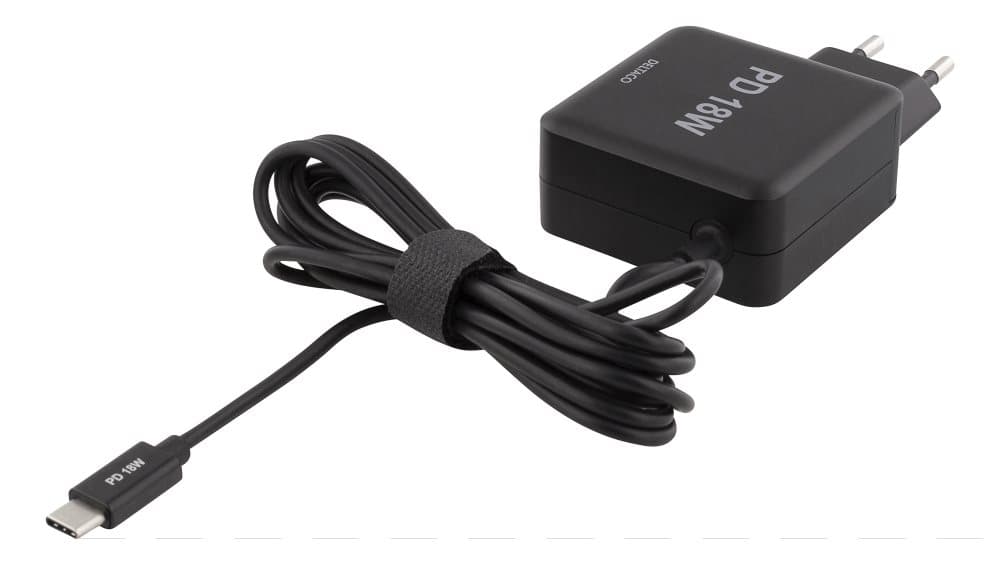 DELTACO 18W USB-C Laptop charger, PD 2.0, 3A, black