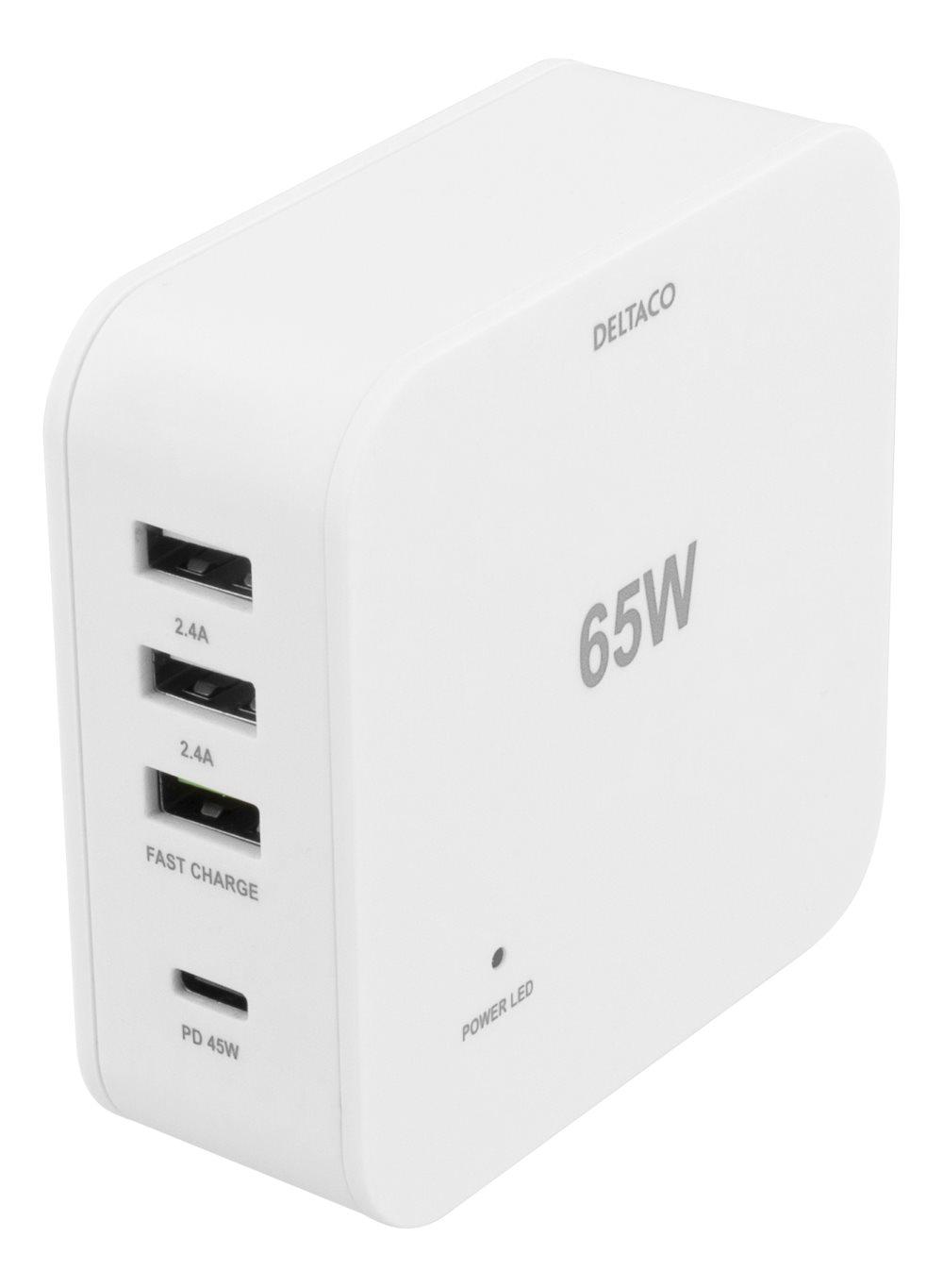 DELTACO 65W USB Charging station, USB-C PD, Fast charge, white