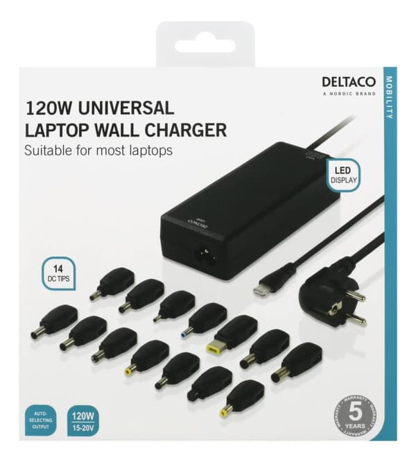 DELTACO oplader til notebook, 15-20 V, 8 A, 120W, LED-display