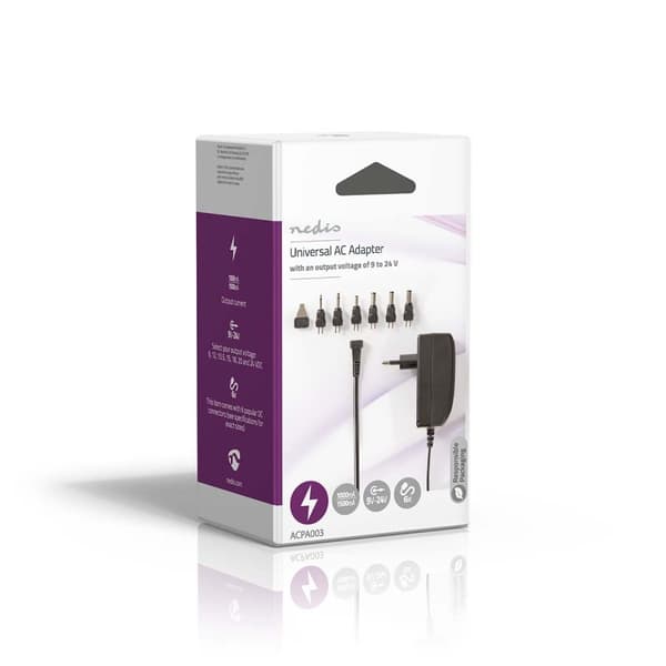 Nedis Universal AC strømadapter | 24 W | 9 - 24 V DC | 1.80 m | 1.0 A - 1.5 A A | 6 plug(s) | Sort
