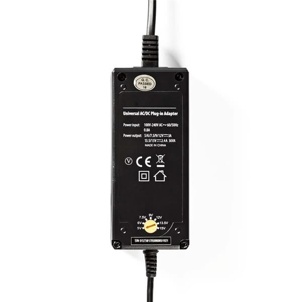 Nedis Universal AC strømadapter | 36 W | 5 - 15 V DC | 3.60 m | 2.4 A - 3.0 A A | 6 plug(s) | Sort