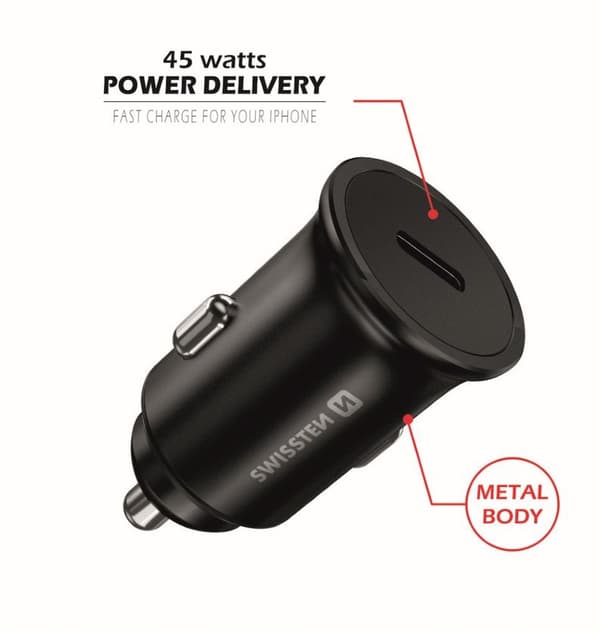 Swissten 45W PD Metal Car Charger Adapter USB-C Sort