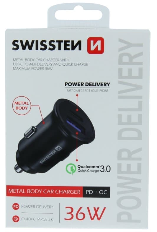 Swissten cl adaptér power delivery usb-c + quick charge 3.0 36w metal černý