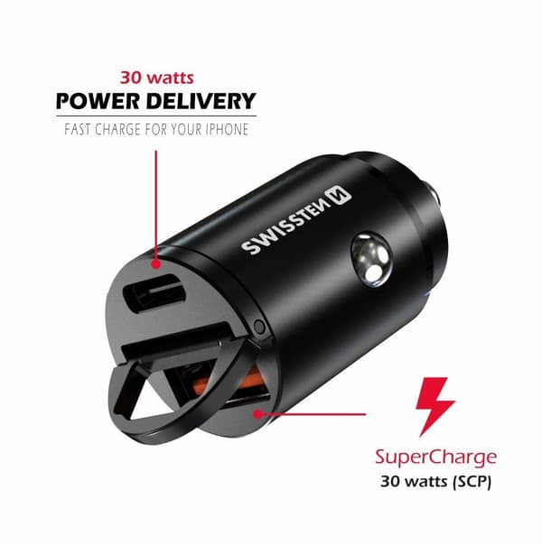 Swissten CL adaptér Power Delivery USB-C + Super Charge 3.0 30W nano černý