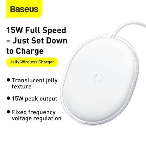 INCARCATOR wireless Baseus Jelly Qi 15W, compatibilitate smartphones, cablu Type-C la USB inclus, alb "WXGD-02" (timbru verde 0.18 lei) - 695315622370