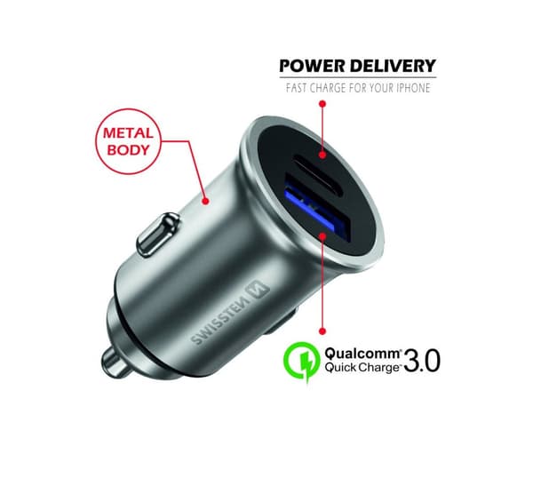 Swissten cl adaptér power delivery usb-c + quick charge 3.0 36w metal stříbrný