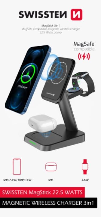 Swissten 3in1 MagStick 22.5W Wireless Charger Sort