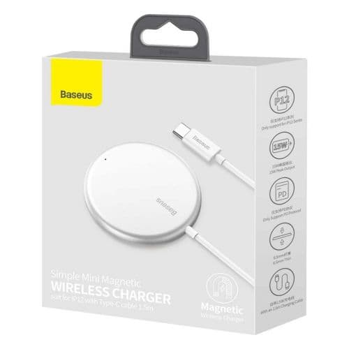 INCARCATOR wireless Baseus Simple mini magnetic Qi 15W, incarcare MagSafe iPhone, material aluminiu, cablu Type-C de 1.5m inclus , alb "WXJK-F02" (tim Hvit