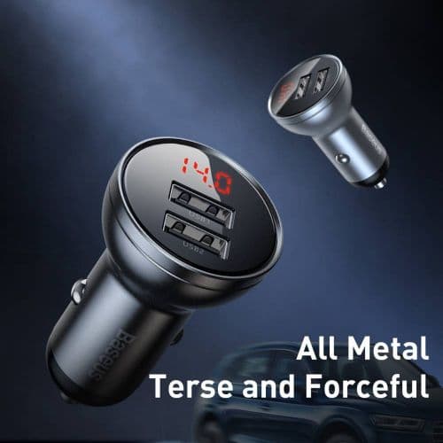 Baseus car charger with display, 2x USB, 4.8A, 24W (silver)
