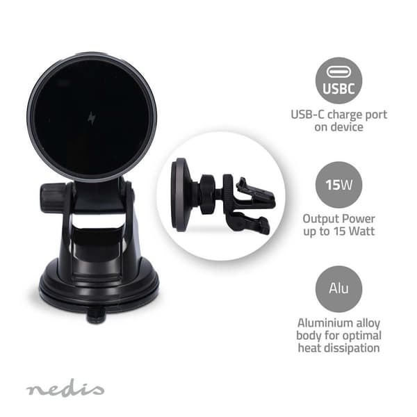 Nedis Langaton Autolaturi | 7.5 / 10 / 15 W | 1.5 / 1.67 / 2 A | 1.00 m | FOD / Ylijännite / Ylikuumenemissuoja / Ylivirta | USB Type-C™ | Sisältää ka