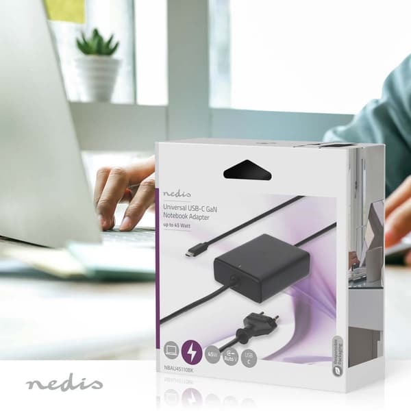 Nedis notebook-adapter | GaN | 45 W | 5 / 9 / 12 / 15 / 20 V DC | 2.25 / 2.33 / 2.92 / 3.0 A | Brugt til: Notebook / Smartphone / Tablet | Euro / Type