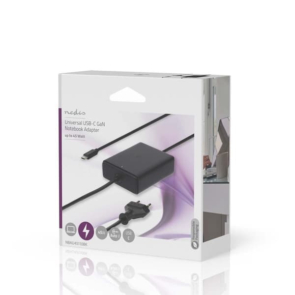 Nedis notebook-adapter | GaN | 45 W | 5 / 9 / 12 / 15 / 20 V DC | 2.25 / 2.33 / 2.92 / 3.0 A | Brugt til: Notebook / Smartphone / Tablet | Euro / Type
