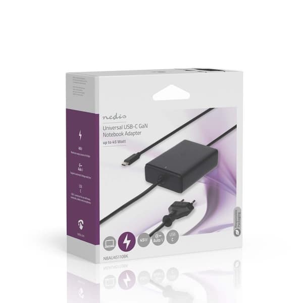 Nedis notebook-adapter | GaN | 45 W | 5 / 9 / 12 / 15 / 20 V DC | 2.25 / 2.33 / 2.92 / 3.0 A | Brugt til: Notebook / Smartphone / Tablet | Euro / Type