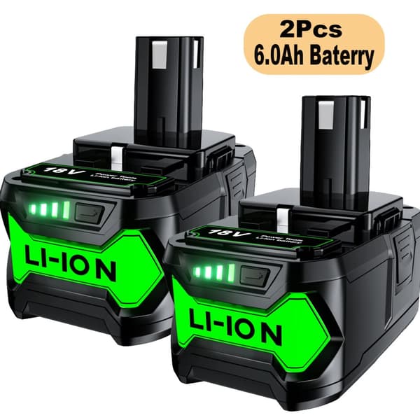 18V Lithium-Ion Batteri, 9000mAh Kapacitet, Kompatibel med Flere Ryobi Modeller,2Pcs 6.0Ah Batteri