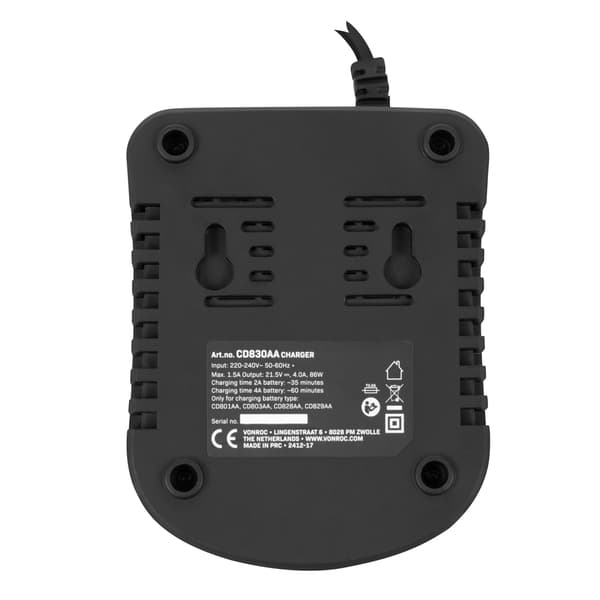 VONROC Snabbladdare 20V – 86W – 4.0A – Passar VPower 20V batterier CD828AA, CD829AA