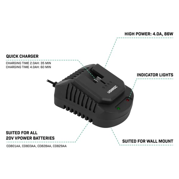 VONROC Snabbladdare 20V – 86W – 4.0A – Passar VPower 20V batterier CD828AA, CD829AA