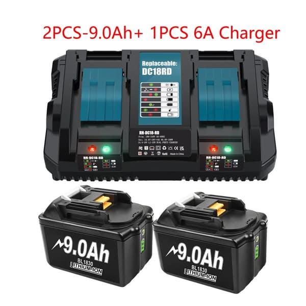Uppladdningsbart 18V-batteri, alternativ på 9,0Ah, inkluderar 6A-laddare,2 9Ah 6A Laddare
