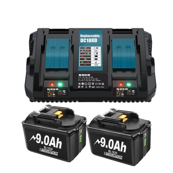 Uppladdningsbart 18V-batteri, alternativ på 9,0Ah, inkluderar 6A-laddare,2 9Ah 6A Laddare