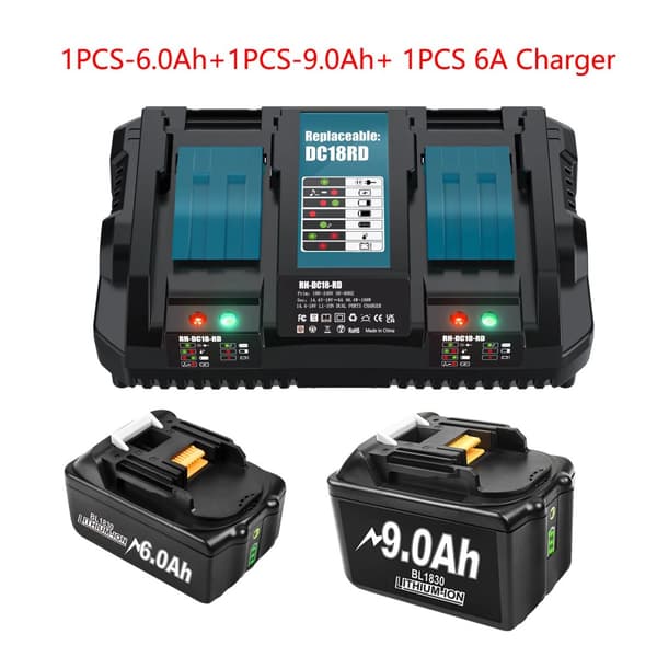 Uppladdningsbart 18V-batteri, alternativ på 9,0Ah, inkluderar 6A-laddare,6Ah 9Ah 6A Laddare
