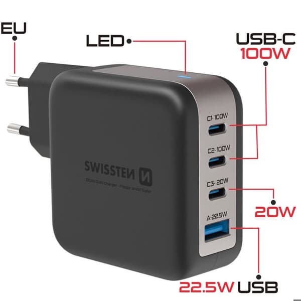 Laddare Sektor GaN 100W med 3x USB-C + USB Snabbladdning Kompakt Swissten Svart