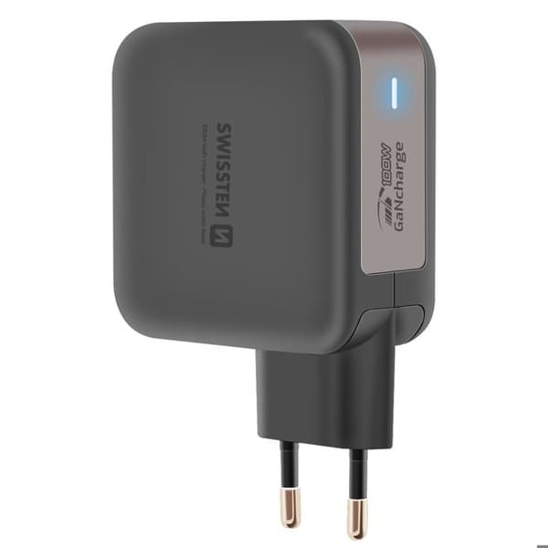 Laddare Sektor GaN 100W med 3x USB-C + USB Snabbladdning Kompakt Swissten Svart