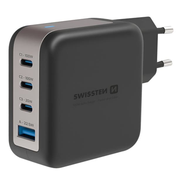 Laddare Sektor GaN 100W med 3x USB-C + USB Snabbladdning Kompakt Swissten Svart