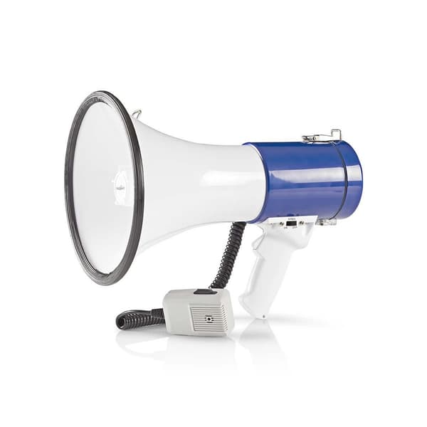 Nedis megafon | Maksimal rekkevidde: 1500 m | Maksimal volumkontroll: 120 dB | Avtagbar Mikrofon | Innebygd sirene | Skulderstropp | Blå / Hvit