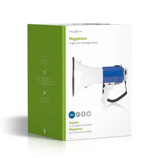 Nedis megafon | Maksimal rekkevidde: 1500 m | Maksimal volumkontroll: 120 dB | Avtagbar Mikrofon | Innebygd sirene | Skulderstropp | Blå / Hvit