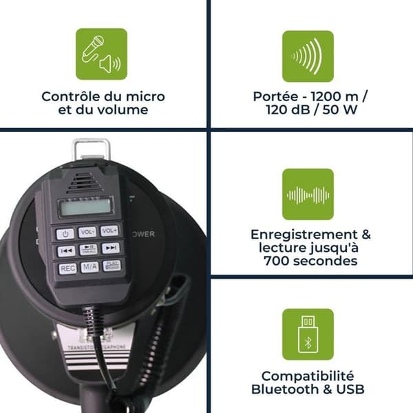 Velleman 50 W kraftig megafon med integrert sirene, talefunksjon, 700 sekunders opptak, volumkontroll, Bluetooth