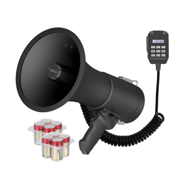 Sammansatt med kraftfullt megafon på 50 W med siren och 8 alkalina batterier C 1,5V, inspelning av 700 sekunder, volymkontroll.