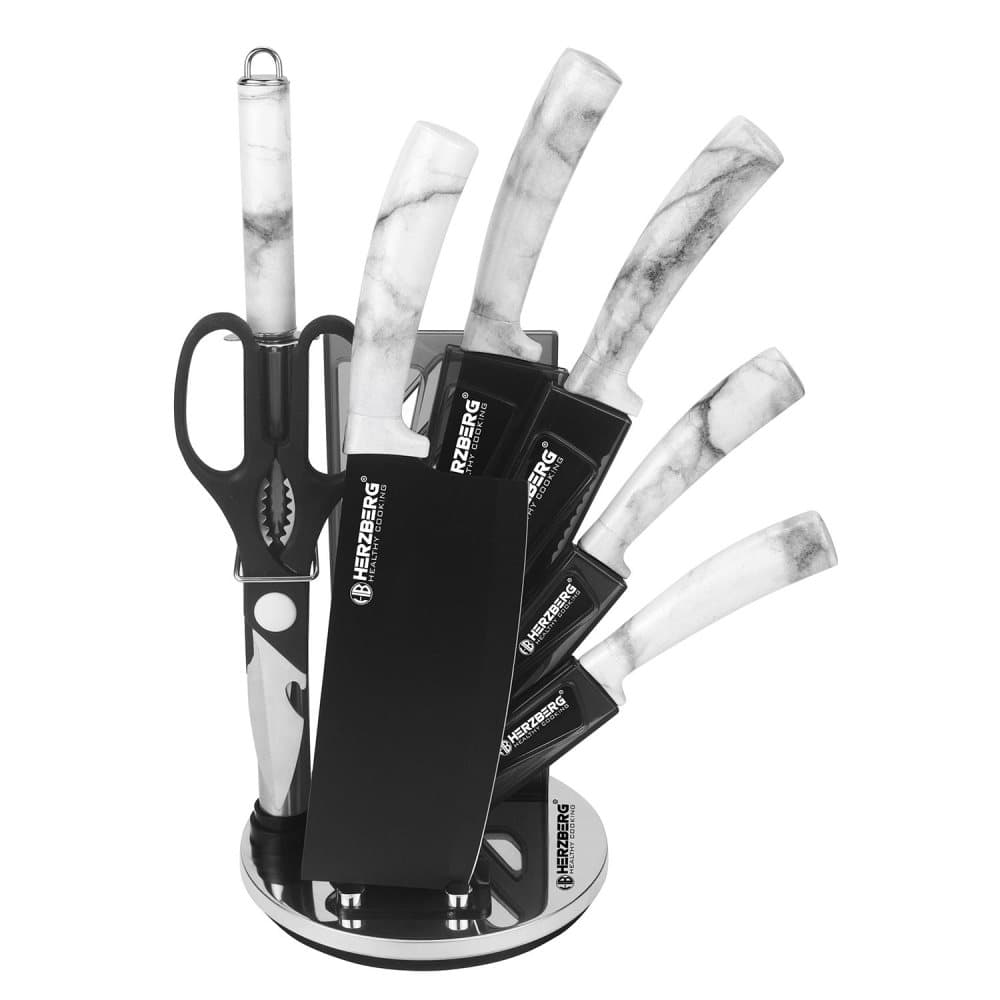 Knivset med Roterande Ställ, 8 Delar - Marmor