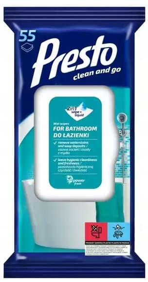 PRESTO kosteuspyyhkeet kylpyhuoneeseen, 55 pyyhettä