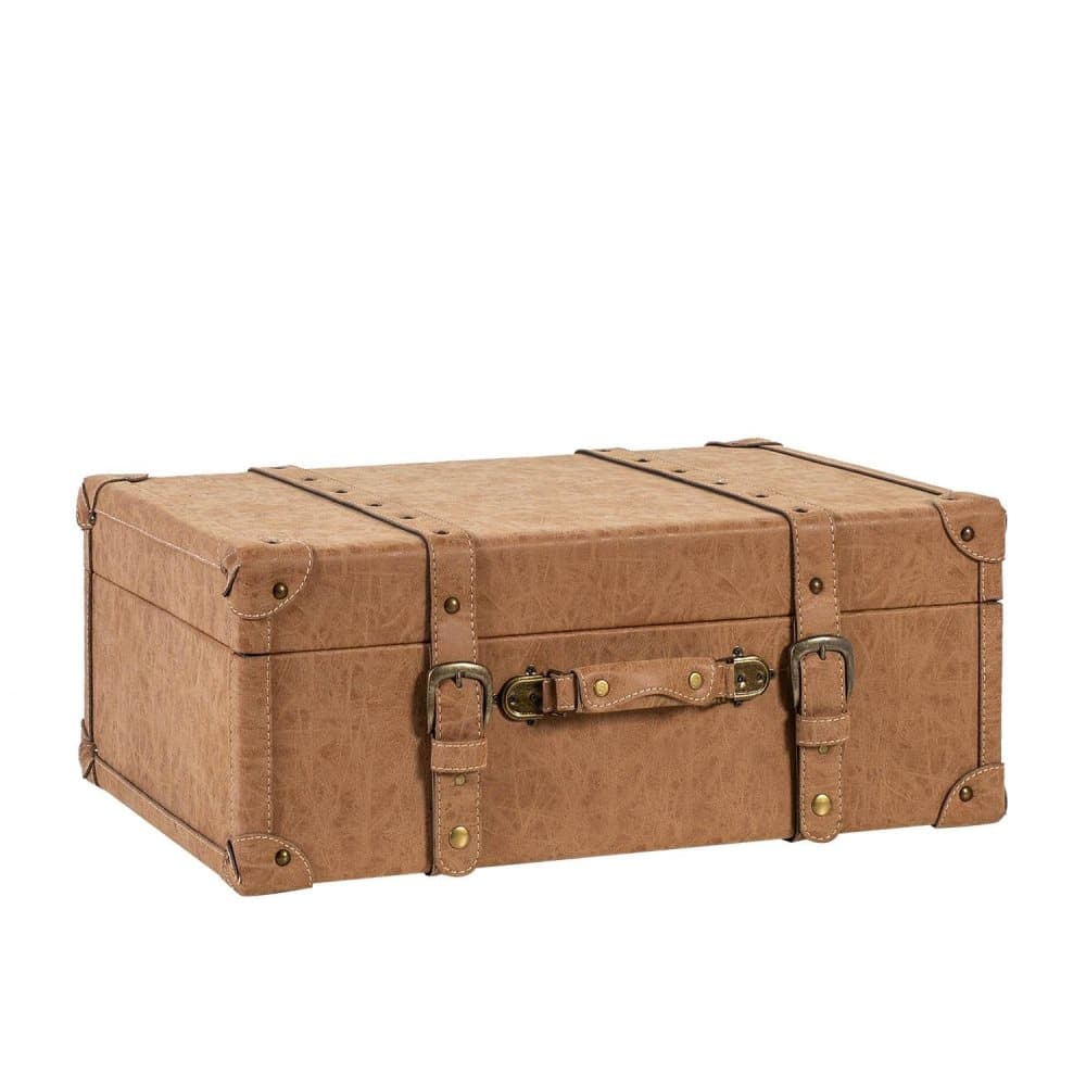 Sisustusarkku OSWALD, L: 67x45xH26cm, materiaali: puu / keinonahka: ruskea, kulmat/ hihnat - ruskeat