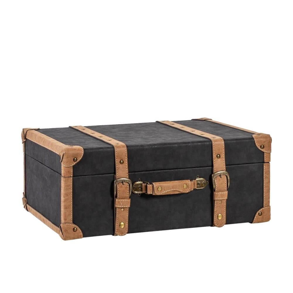 Sisustusarkku OSWALD, L: 67x45xH26cm, materiaali: puu / keinonahka: musta, kulmat/ hihnat - ruskeat