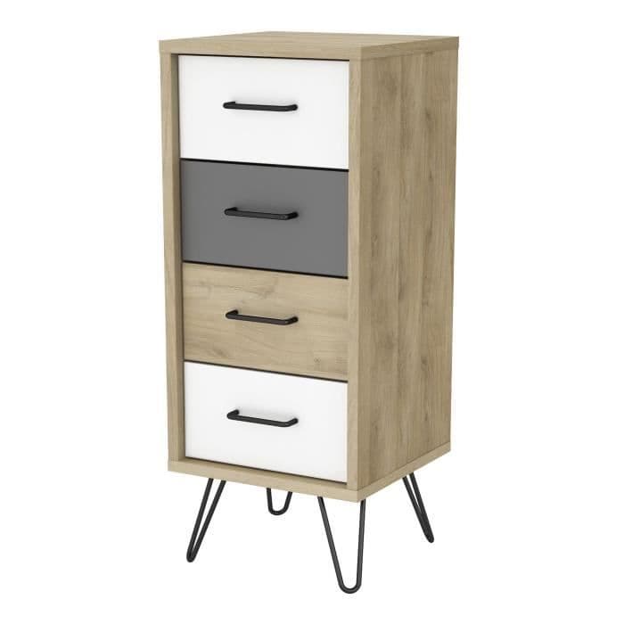 FILEA Kommode med 4 skuffer - Hvid og grå kronberg egetræ dekor - L 41,6 x D 39,7 x H 100,7 cm
