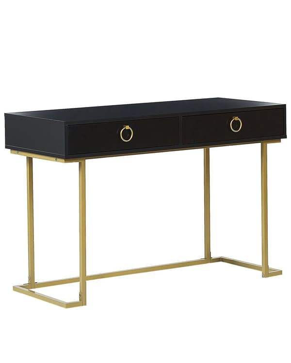 Avlastningsbord Svart 2 Lådor med Ringdraghandtag Guld Metallbas Hemmakontor Accentbord Sovrum Glam Stil