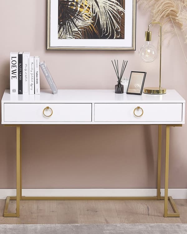 Avlastningsbord Vit 2 Lådor med Ringdraghandtag Guld Metallbas Hemmakontor Accentbord Sovrum Glam Stil