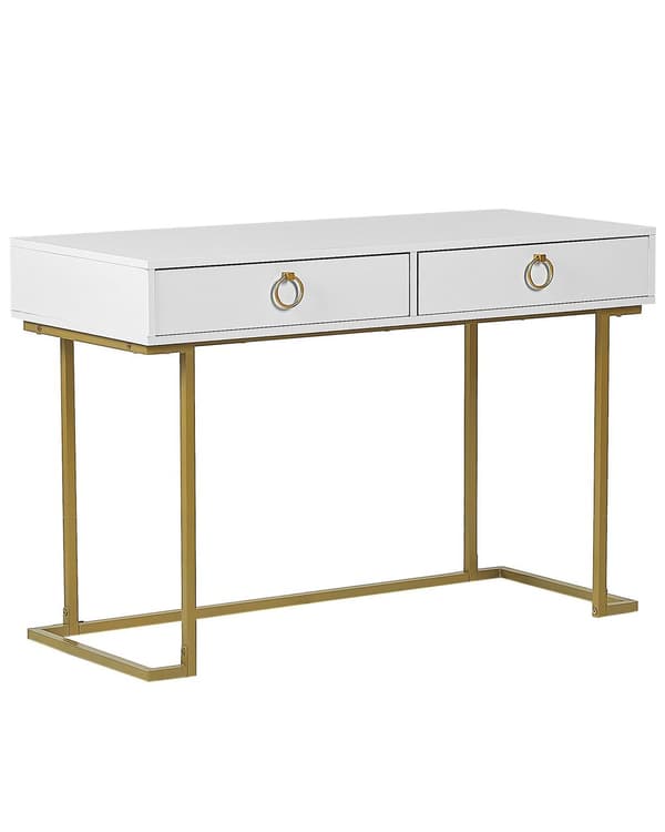 Avlastningsbord Vit 2 Lådor med Ringdraghandtag Guld Metallbas Hemmakontor Accentbord Sovrum Glam Stil