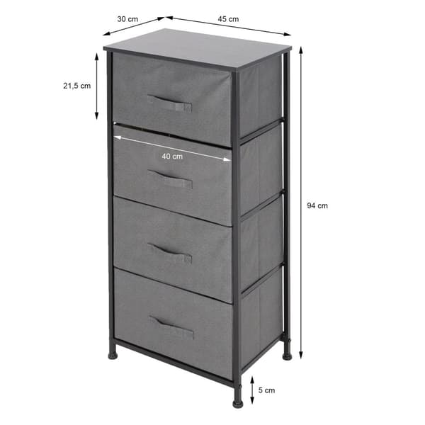 ML-Design skuffeskab, kommode fremstillet af stof med fire skuffer, 45x30x94 cm, grå, sort metal hylde / MDF-plade, hyldesystem Tøj opbevaring skuffe