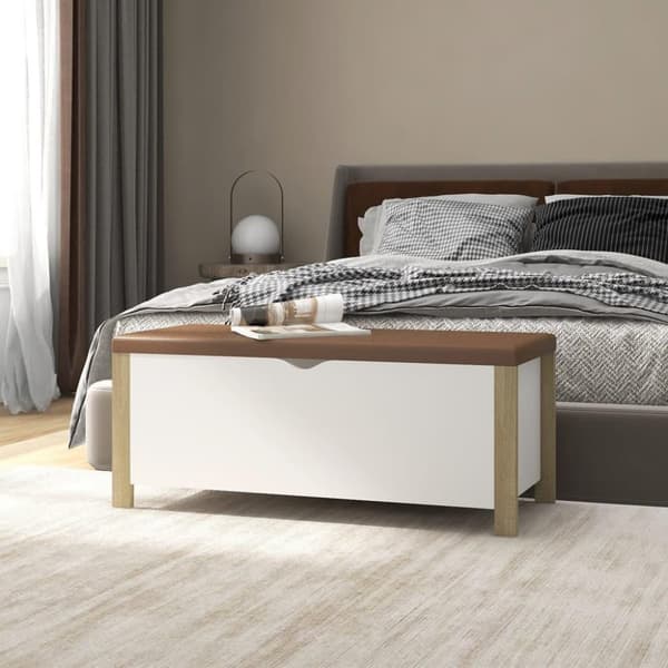 vidaXL opbevaringskasse m. hynde 105x40x45 cm spånplade hvid sonoma-eg