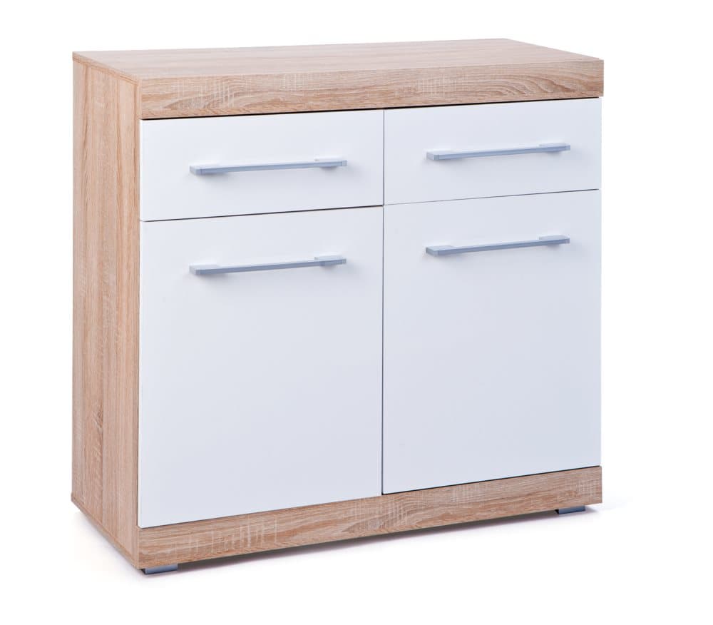 Lubef byrå 2 dörrar, 2 lådor Sonoma-ek-look, vit högglans.