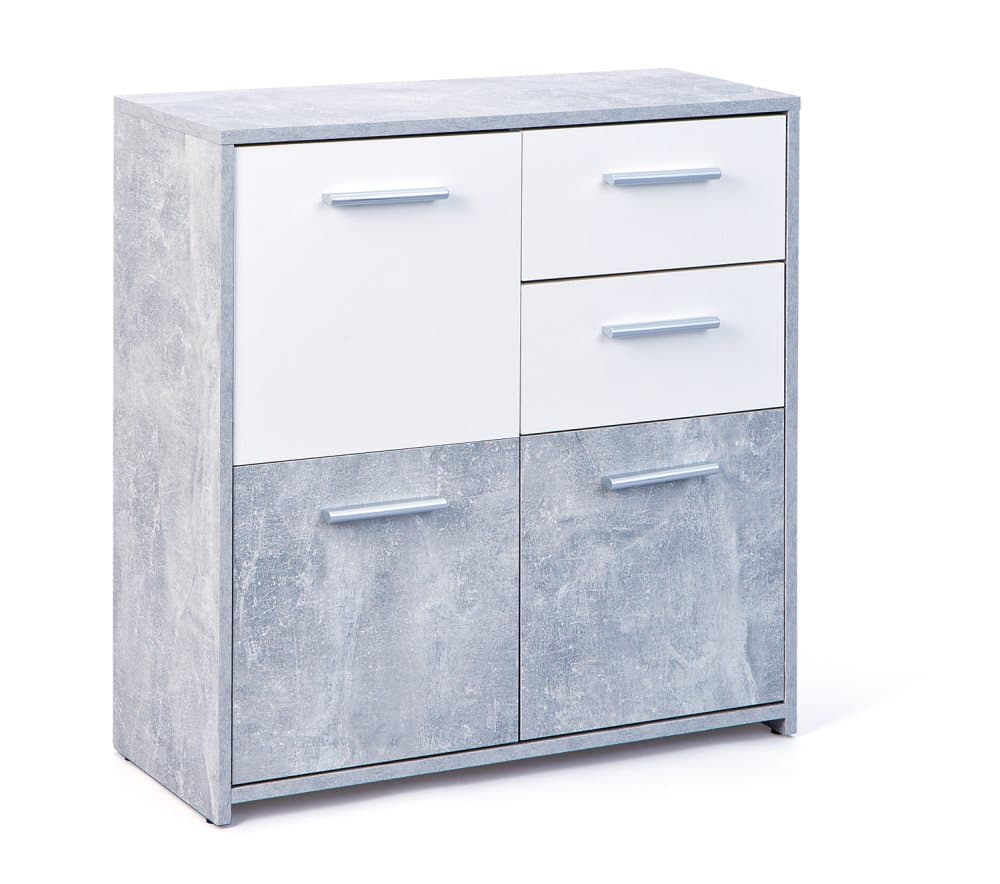 Nicar byrå 3 dörrar, 2 lådor betong-look, vit.
